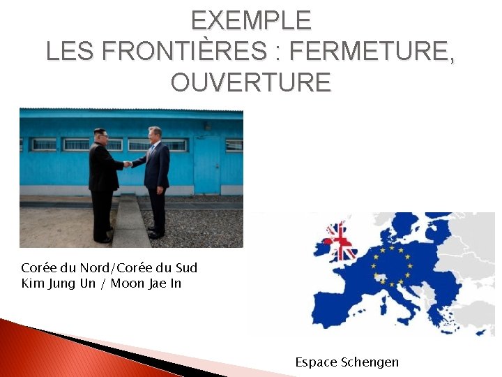 EXEMPLE LES FRONTIÈRES : FERMETURE, OUVERTURE Corée du Nord/Corée du Sud Kim Jung Un