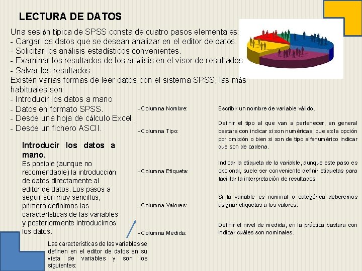 LECTURA DE DATOS Una sesión típica de SPSS consta de cuatro pasos elementales: -