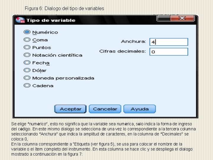 Figura 6: Dialogo del tipo de variables Se elige “numérico”, esto no significa que