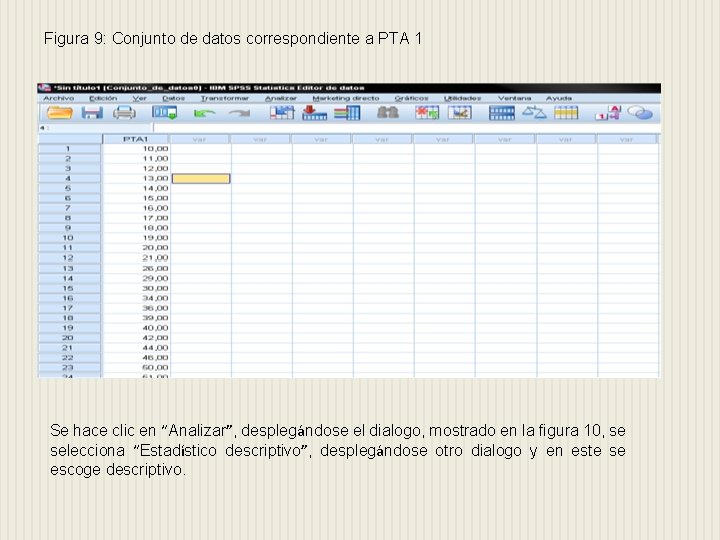 Figura 9: Conjunto de datos correspondiente a PTA 1 Se hace clic en “Analizar”,