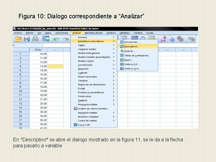 Figura 10: Dialogo correspondiente a “Analizar” En “Descriptivo” se abre el dialogo mostrado en