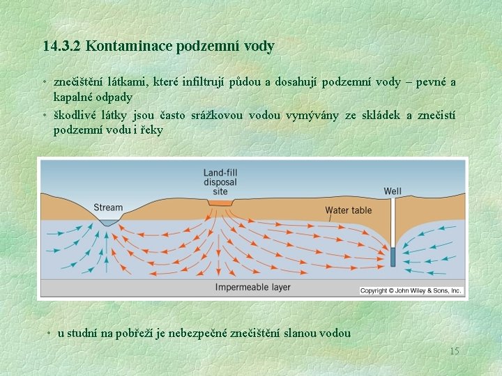 14. 3. 2 Kontaminace podzemní vody • znečištění látkami, které infiltrují půdou a dosahují