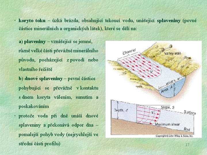  • koryto toku – úzká brázda, obsahující tekoucí vodu, unášející splaveniny (pevné částice