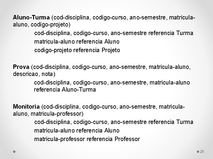 Aluno-Turma (cod-disciplina, codigo-curso, ano-semestre, matriculaaluno, codigo-projeto) cod-disciplina, codigo-curso, ano-semestre referencia Turma matricula-aluno referencia Aluno