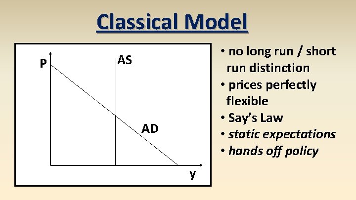 Classical Model P • no long run / short run distinction • prices perfectly