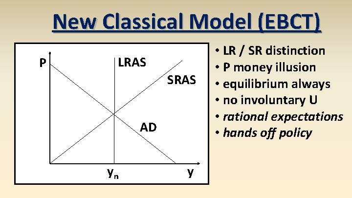New Classical Model (EBCT) P LRAS SRAS AD yn y • LR / SR