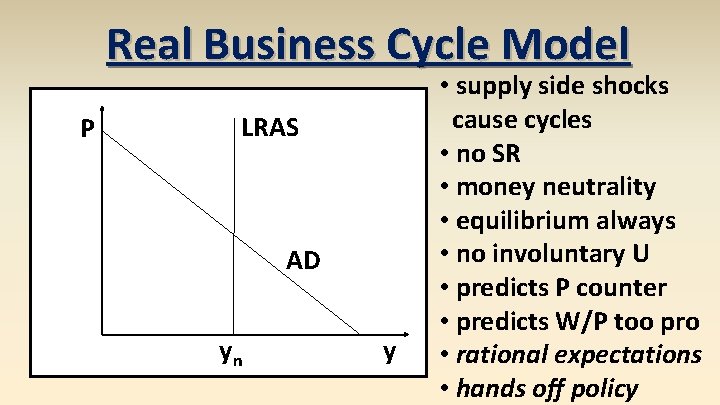 Real Business Cycle Model P LRAS AD yn y • supply side shocks cause