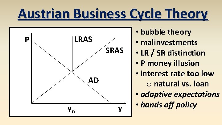 Austrian Business Cycle Theory P LRAS SRAS AD yn y • bubble theory •