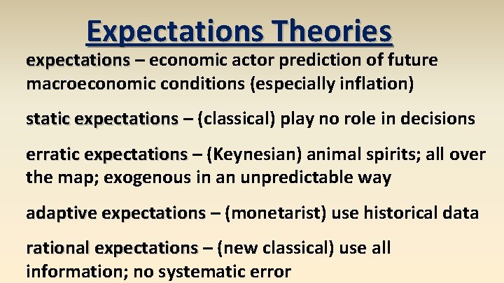 Expectations Theories expectations – economic actor prediction of future macroeconomic conditions (especially inflation) static