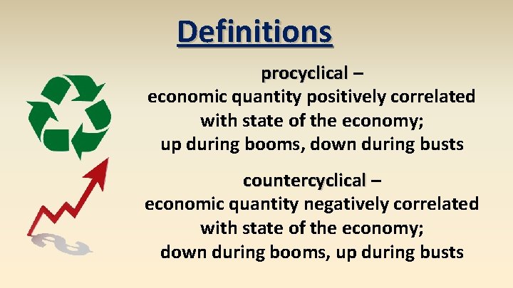 Definitions procyclical – economic quantity positively correlated with state of the economy; up during