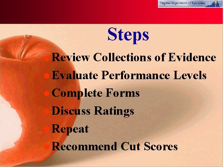 Steps l Review Collections of Evidence l Evaluate Performance Levels l Complete Forms l