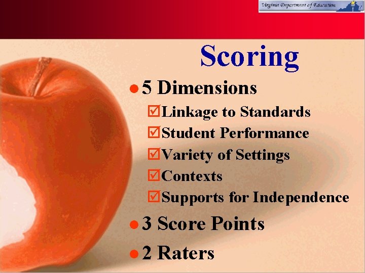 Scoring l 5 Dimensions þLinkage to Standards þStudent Performance þVariety of Settings þContexts þSupports