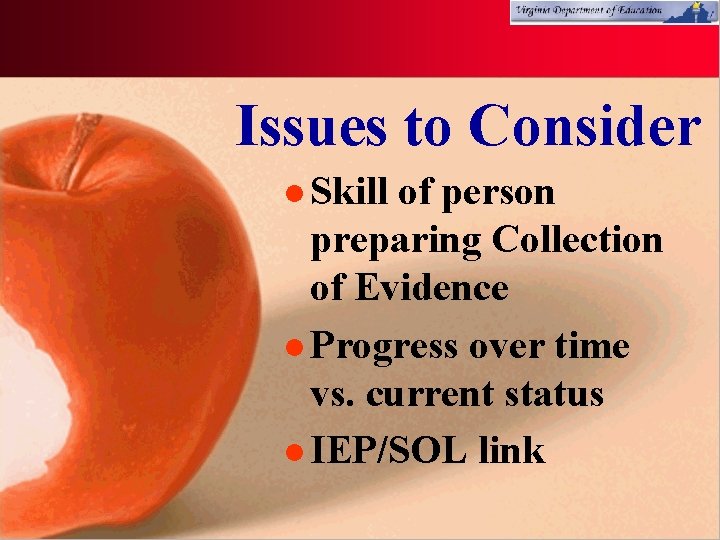 Issues to Consider l Skill of person preparing Collection of Evidence l Progress over