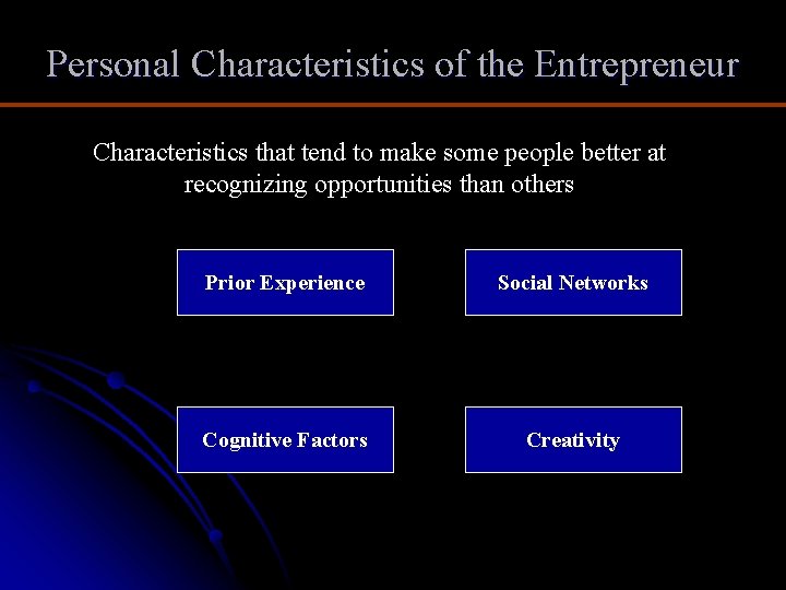 Personal Characteristics of the Entrepreneur Characteristics that tend to make some people better at