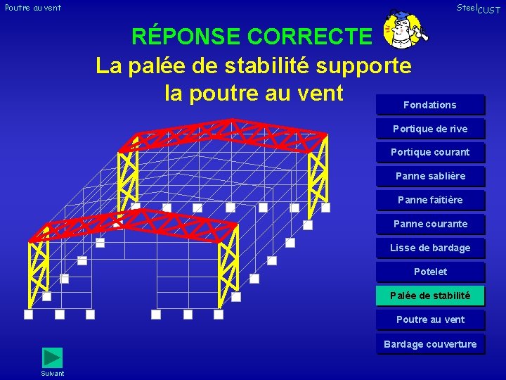 Poutre au vent Steel. CUST RÉPONSE CORRECTE La palée de stabilité supporte la poutre Poutre au vent Steel. CUST RÉPONSE CORRECTE La palée de stabilité supporte la poutre