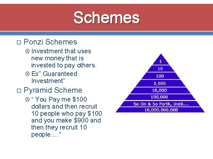 Schemes Ponzi Schemes Investment that uses new money that is invested to pay others.