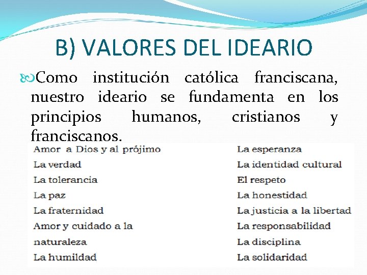 B) VALORES DEL IDEARIO Como institución católica franciscana, nuestro ideario se fundamenta en los