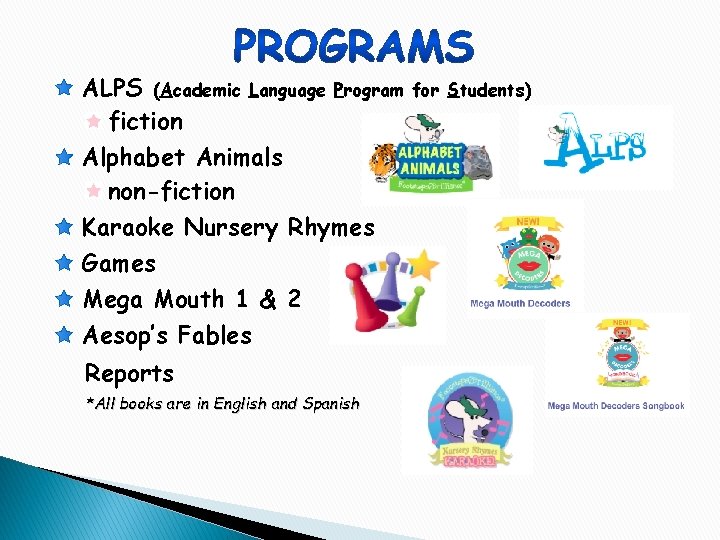 ALPS (Academic Language fiction Alphabet Animals non-fiction Program for Students) Karaoke Nursery Rhymes Games
