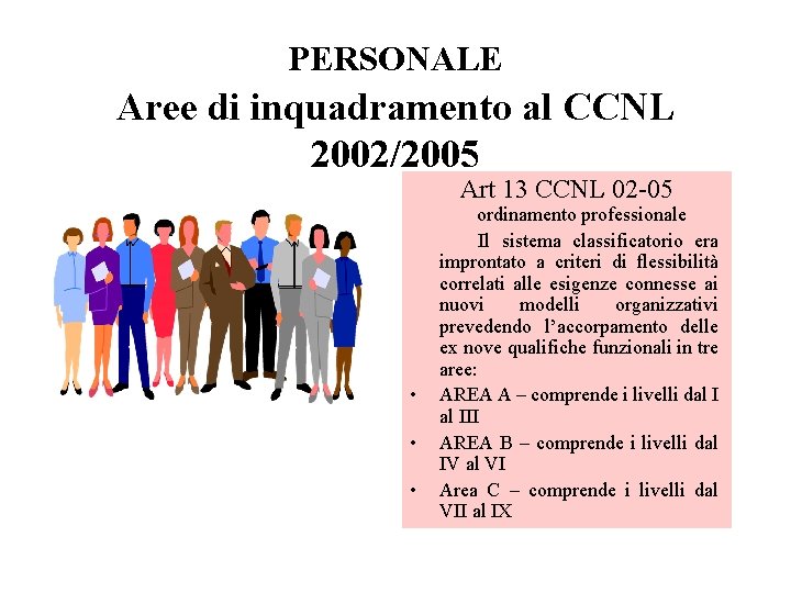 PERSONALE Aree di inquadramento al CCNL 2002/2005 Art 13 CCNL 02 -05 • •