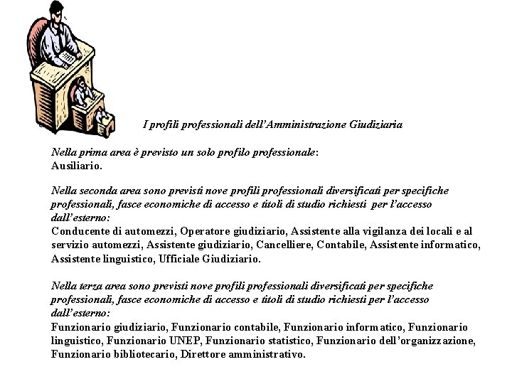 I profili professionali dell’Amministrazione Giudiziaria Nella prima area è previsto un solo profilo professionale: