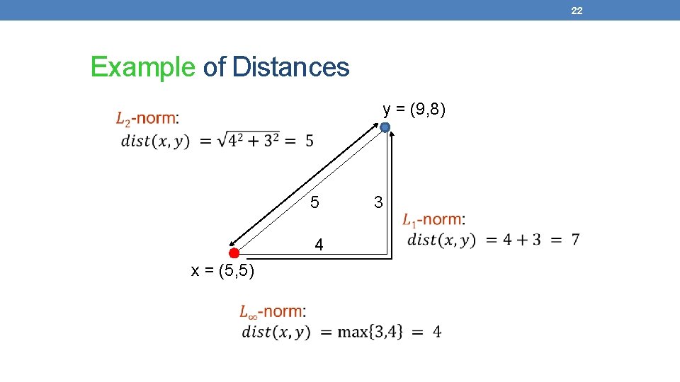 22 Example of Distances y = (9, 8) 5 4 x = (5, 5)