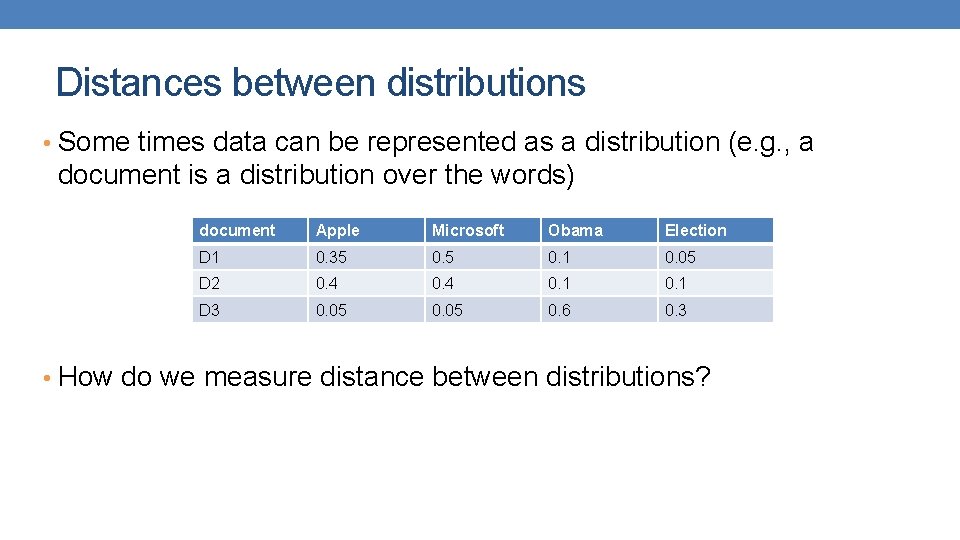 Distances between distributions • Some times data can be represented as a distribution (e.