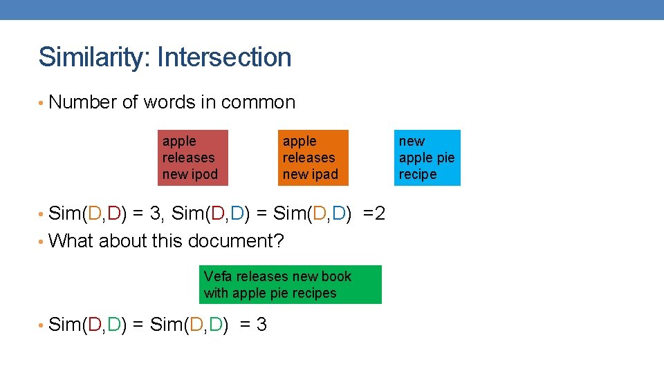 Similarity: Intersection • Number of words in common apple releases new ipod apple releases