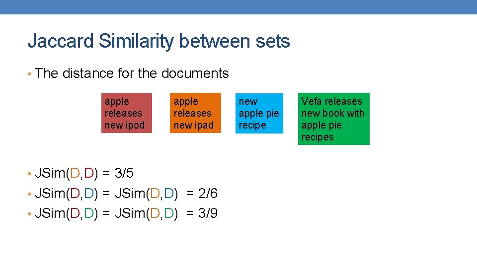 Jaccard Similarity between sets • The distance for the documents apple releases new ipod