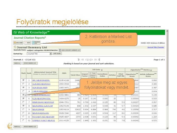 Folyóiratok megjelölése 2. Kattintson a Marked List gombra. 1. Jelölje meg az egyes folyóiratokat