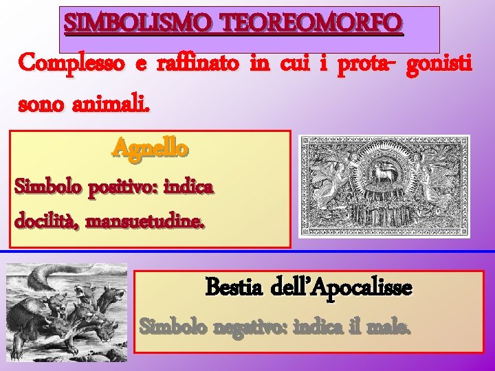 SIMBOLISMO TEOREOMORFO Complesso e raffinato in cui i prota- gonisti sono animali. Agnello Simbolo