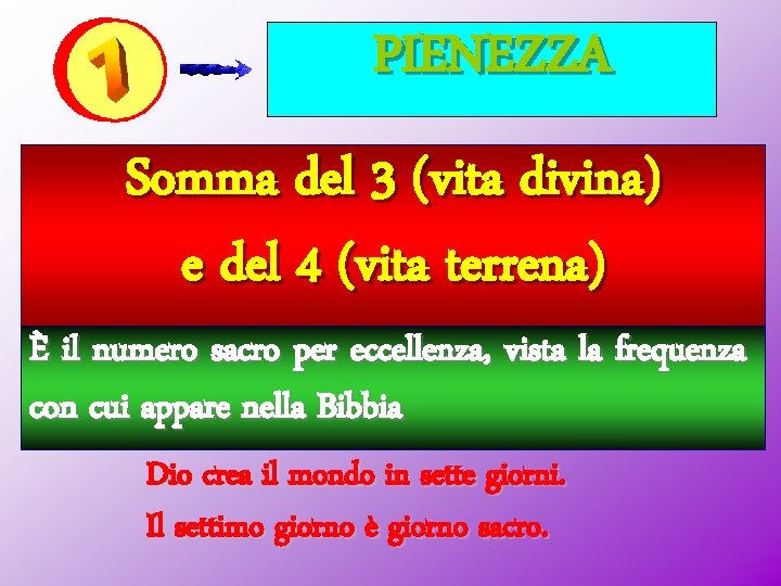 PIENEZZA Somma del 3 (vita divina) e del 4 (vita terrena) È il numero