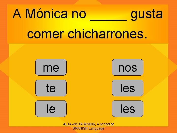 A Mónica no _____ gusta comer chicharrones. me nos te les le les ALTA-VISTA