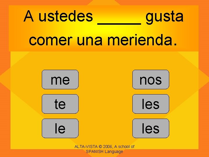 A ustedes _____ gusta comer una merienda. me nos te les le les ALTA-VISTA