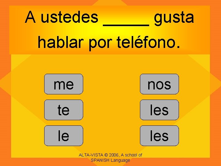 A ustedes _____ gusta hablar por teléfono. me nos te les le les ALTA-VISTA