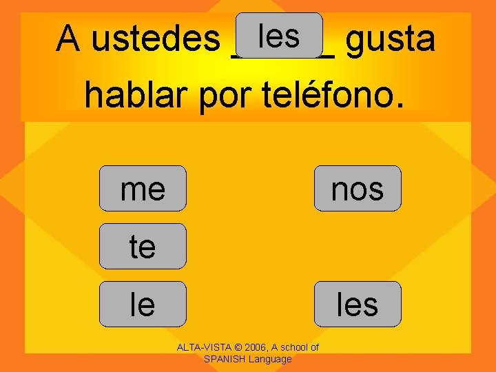 les gusta A ustedes _____ hablar por teléfono. me nos te le les ALTA-VISTA