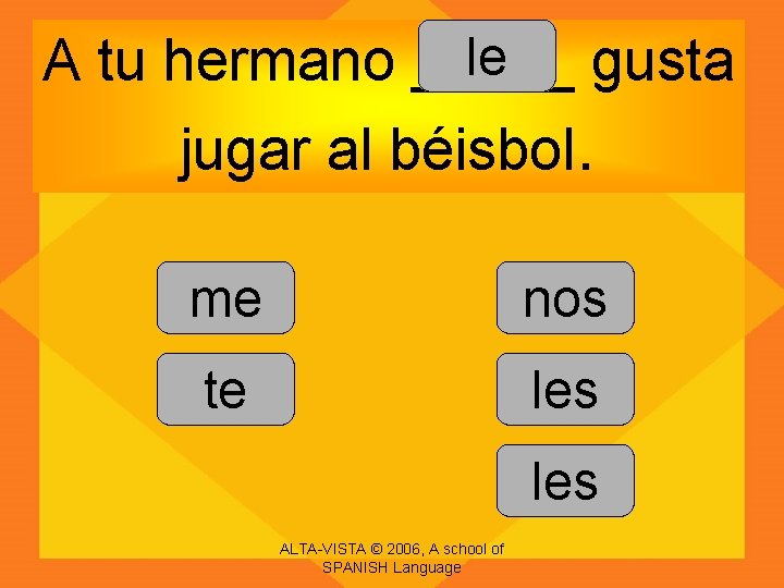 le A tu hermano _____ gusta jugar al béisbol. me nos te les ALTA-VISTA