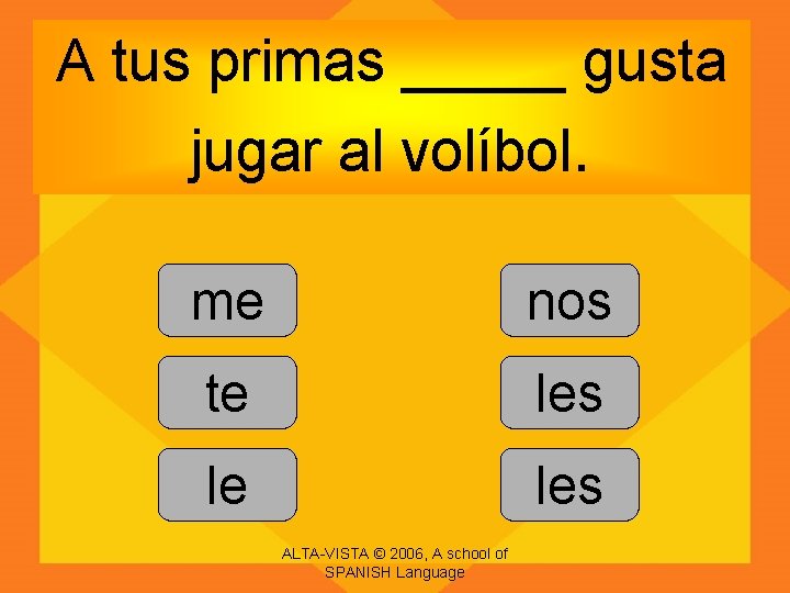 A tus primas _____ gusta jugar al volíbol. me nos te les le les