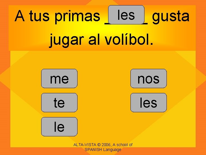 les gusta A tus primas _____ jugar al volíbol. me nos te les le