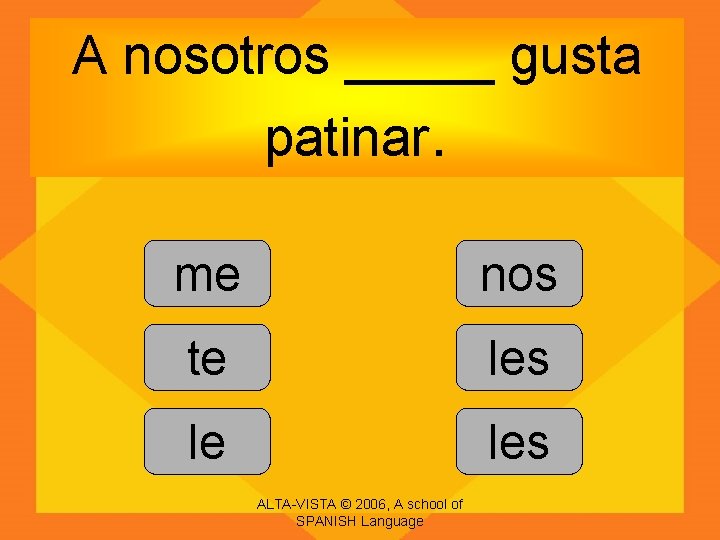 A nosotros _____ gusta patinar. me nos te les le les ALTA-VISTA © 2006,