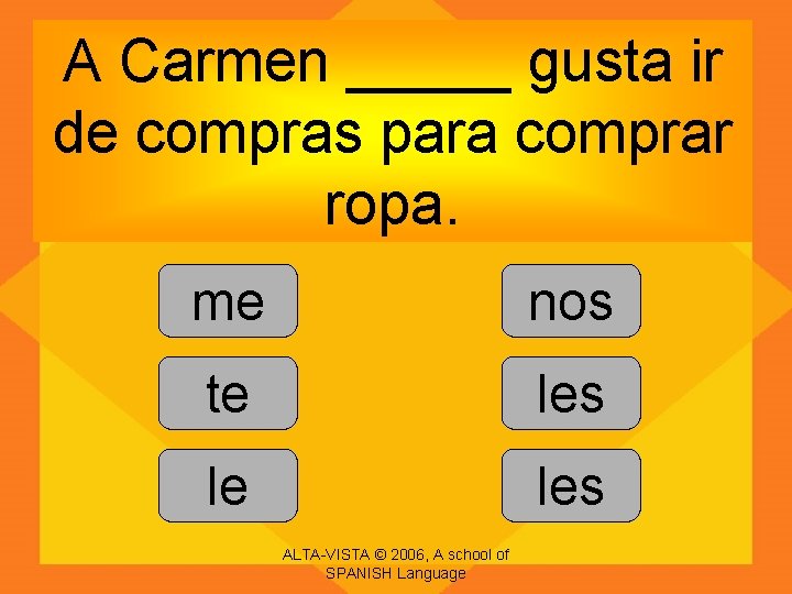 A Carmen _____ gusta ir de compras para comprar ropa. me nos te les