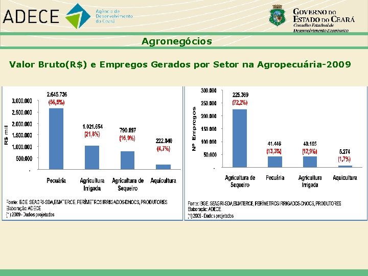 Agronegócios Valor Bruto(R$) e Empregos Gerados por Setor na Agropecuária-2009 