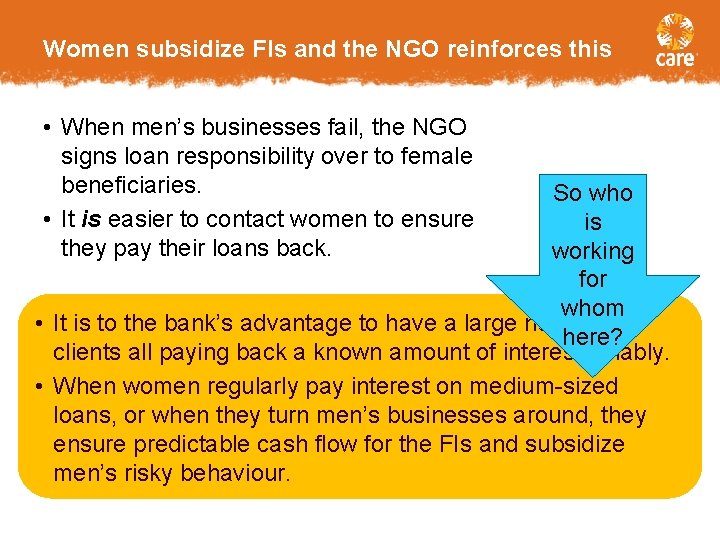 Women subsidize FIs and the NGO reinforces this • When men’s businesses fail, the