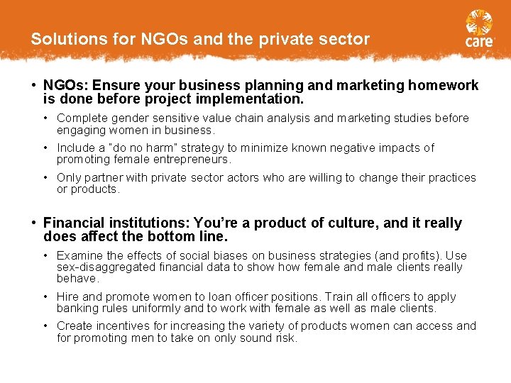 Solutions for NGOs and the private sector • NGOs: Ensure your business planning and