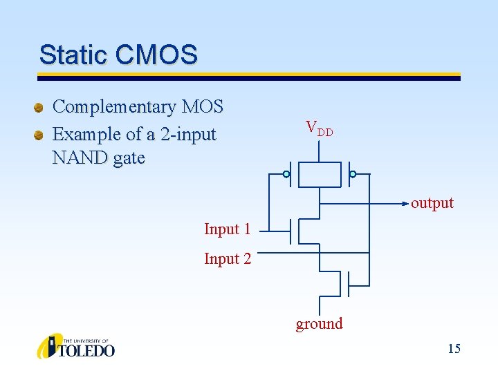 Static CMOS Complementary MOS Example of a 2 -input NAND gate VDD output Input