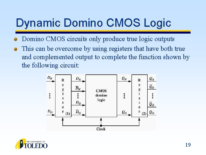 Dynamic Domino CMOS Logic Domino CMOS circuits only produce true logic outputs This can