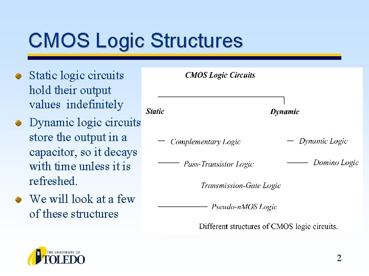 CMOS Logic Structures Static logic circuits hold their output values indefinitely Dynamic logic circuits