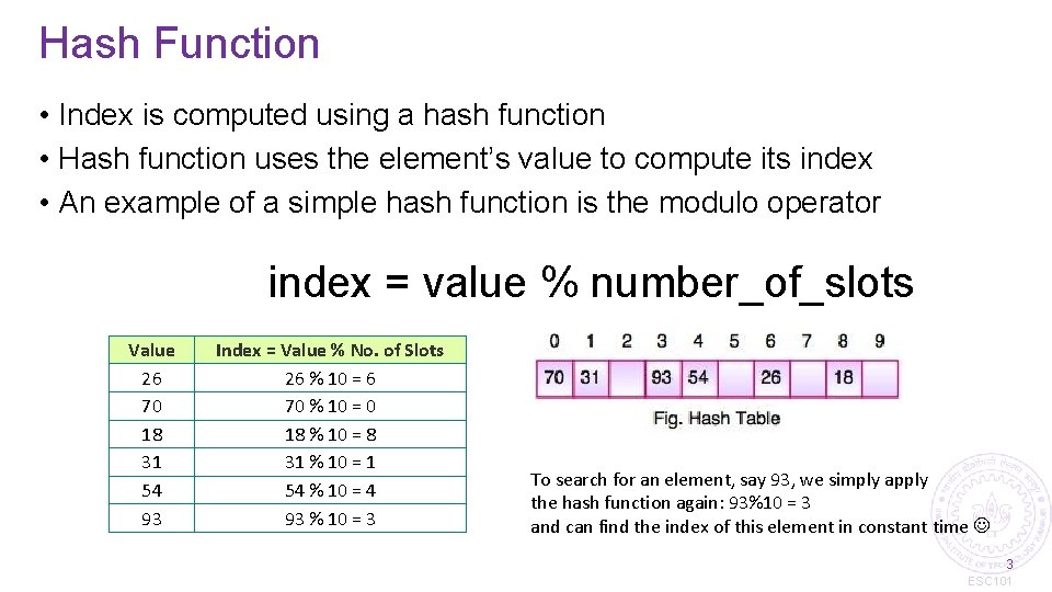 Hash Function • Index is computed using a hash function • Hash function uses