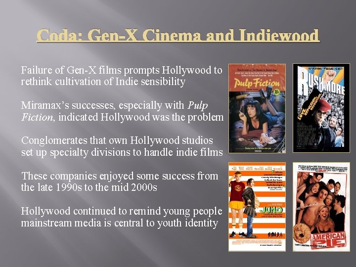 Coda: Gen-X Cinema and Indiewood Failure of Gen-X films prompts Hollywood to rethink cultivation