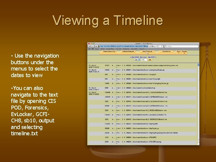 Viewing a Timeline • Use the navigation buttons under the menus to select the