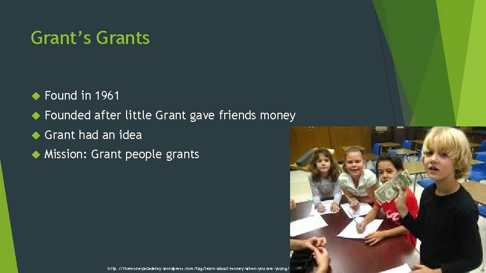 Grant’s Grants Found in 1961 Founded after little Grant gave friends money Grant had